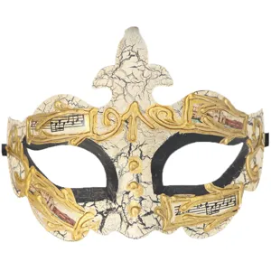 Vintage masker met gekraakte witte afwerking en gouden muzikale noten voor feesten.