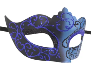 Vista detallada de la máscara de mascarada con purpurina azul negra, diseño de corona para fiesta.