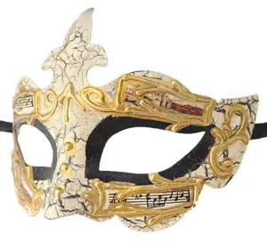 Gedetailleerd overzicht van Venetiaans masker met craquelé textuur en gouden reliëf.