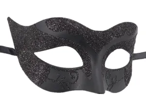 Vista detallada de la máscara de mascarada negra con purpurina para Halloween y fiestas.