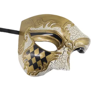 Maschera Veneziana Vintage Oro Nero A Quadri Opera Fantasma Mezzo Viso Festa Accessorio