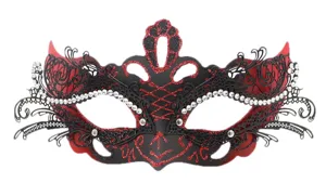 Exquisita máscara de mascarada negra y roja con diamantes de imitación para fiesta.