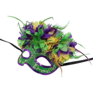 Masque de mascarade à plumes carnaval vert violet or masque pour fête et costume.