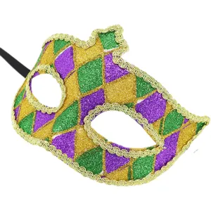 Glitter Masquerade Mask Mardi Gras Party Eye Mask Carnival Costume Props Gold Trim.