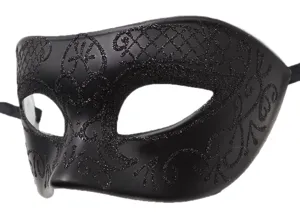Zwarte maskerademasker met glans glitter patroon, gedetailleerd oogmasker voor feest.