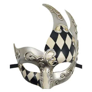 Retro Venetiaans Maskerade Half Gezicht Masker Puntige Jester Horen Harlekijn Geruit Patroon Metallische Reliëf Carnaval Feest Masker