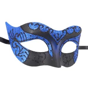 Detailed view of the blue glitter Venetian masquerade mask, perfect for parties and Halloween.