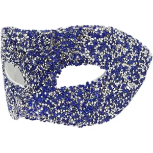 Gros plan détaillé d'un masque de bal masqué étincelant en strass bleus et argentés.