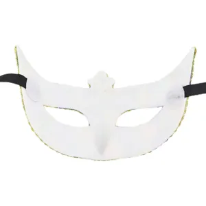 Details of white masquerade party mask with golden trim and black ribbons for events.