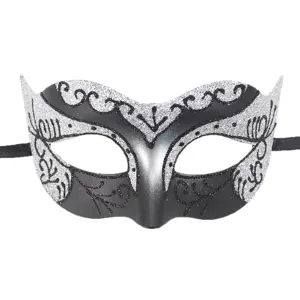 Detailed view of the black and silver masquerade mask with glitter and black ribbon.