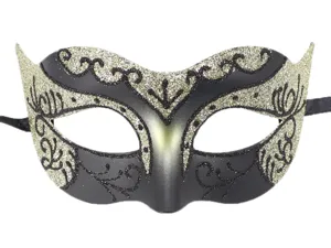Máscara de mascarada negra y dorada con purpurina para fiestas de Halloween y carnaval.