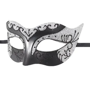 Closeup of a black and silver Venetian masquerade party mask with glittering patterns.