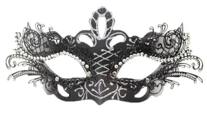 Mascarita de fiesta negra con purpurina plateada y pedreria para eventos de halloween.