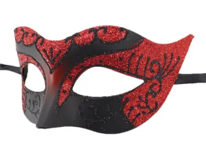 Máscara de mascarada con purpurina para Halloween, antifaz veneciano negro y rojo.