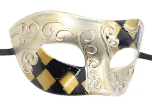 Maschera veneziana retrò nero oro a quadri con motivi decorativi per festa costume.