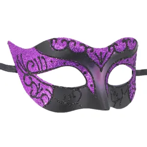 Venetian masquerade mask for Halloween party, purple and black glitter design with ribbon tie.