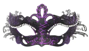 Mascara de mascarada negra y violeta con purpurina y estrases para fiestas de Halloween.
