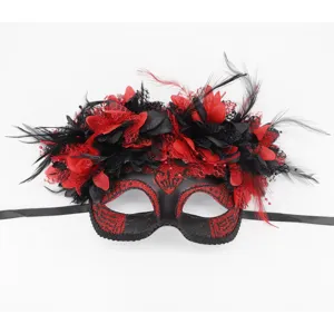 Máscara de Carnaval Pluma Encaje Halloween Fiesta Disfraz Accesorio Rojo Negro Pieza