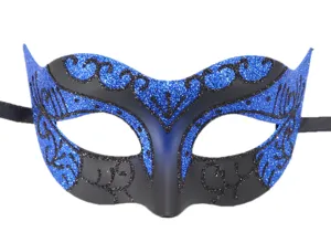 Vista detallada de máscara de mascarada con purpurina azul, ideal para fiestas y Halloween.