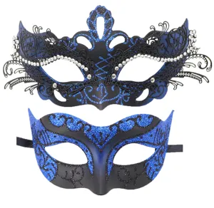 Excelente juego de máscaras de purpurina azul y negra para fiesta y disfraces.