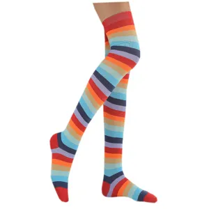 Women colorful rainbow striped over the knee high socks knitted long stockings detail view
