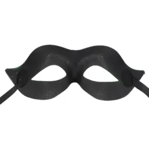 Close-up detail of the black masquerade eye mask showing fine texture and straps.