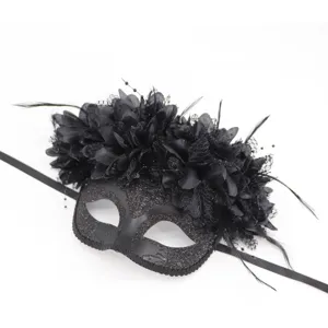 Elegante máscara de plumas negras con purpurina y encaje para fiestas de Halloween y carnaval.
