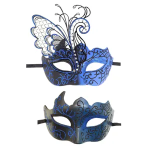 Couples masquerade mask set with blue black glitter and butterfly metal design for parties.
