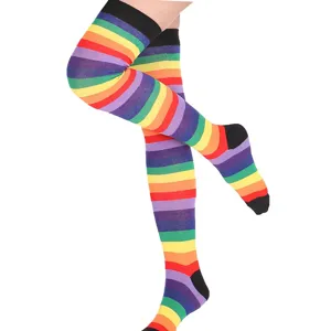 Women rainbow striped over the knee high socks colorful long stockings detail view.