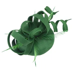 Dark green sinamay fascinator hat detail, elegant feather and looped ribbon headpiece for parties.