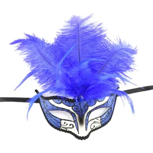 Máscara de Carnaval con Plumas Azules Fiesta Disfraz Vista Detallada Accesorio Decorativo