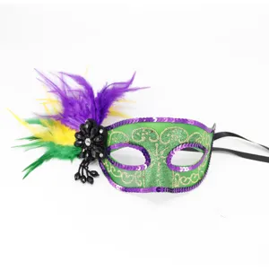 Mascara de plumas para fiesta de carnaval, antifaz verde y violeta con lentejuelas.