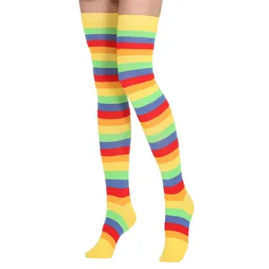 Vibrant rainbow striped over-the-knee long socks for women, perfect for daily wear.