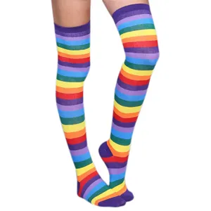 Close-up detail of vibrant rainbow striped over-the-knee long socks for women daily wear.