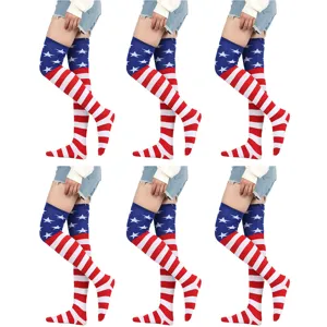 American flag over-the-knee high socks, patriotic red white and blue stripe stockings for women.