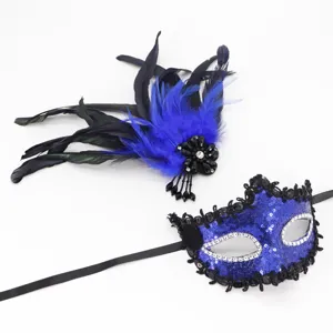Halloween veren masker set met blauw pailletten oogmasker en feest haaraccessoire