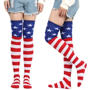US Independence Day flag over-the-knee socks, red white blue star striped thigh high stockings.