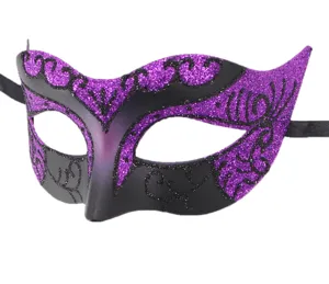 Mascara de mascarada con purpurina para fiesta, mascara de ojos morada negra detalle halloween