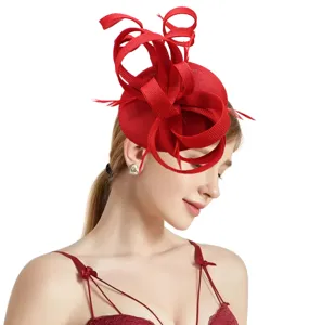 Red sinamay fascinator hat detail view, elegant feather hair accessory for women party bridal.