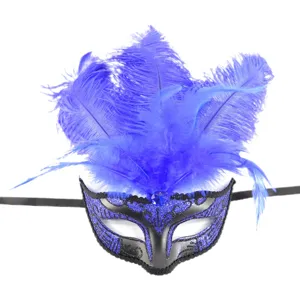 Detalle de la máscara de fiesta con purpurina azul y plumas moradas muy llamativas.