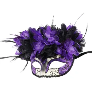 Exquisita máscara de plumas moradas con decoración floral, ideal para fiesta, carnaval y Halloween.