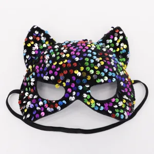Glittering sequin cat mask with cat ears and elastic strap, perfect for Halloween party.