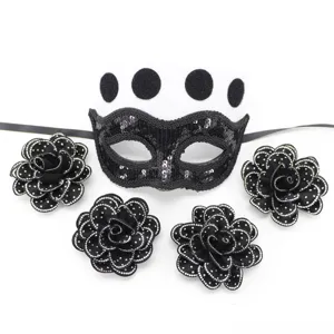 Black masquerade mask set with rhinestone flowers for Halloween carnivals and party events.