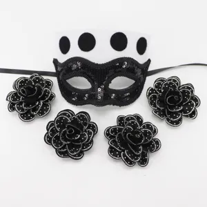 Masquerade mask set with polka dots sequins and four detachable rhinestone flower accessories.