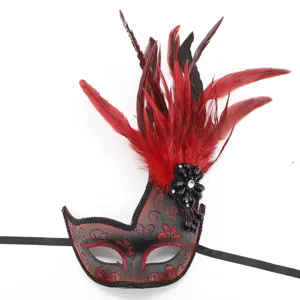 Halloween feather masquerade mask detail, red black glitter eye mask with elegant feathers.