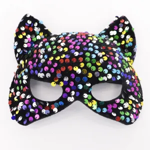 Sexy Sequin Cat Ear Masquerade Mask For Women Shiny Eyemask Halloween Carnival Party Dress Up Accessories