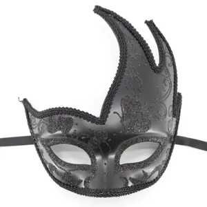 Gedetailleerde close-up van een zwart gemaskerd balmasker met glinsterende patronen.