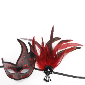 Halloween feather masquerade mask with red black design party eye mask costume props