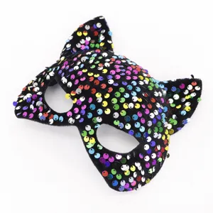 Detailed view of the colorful sequin cat mask, featuring sparkling festive party eye wear.