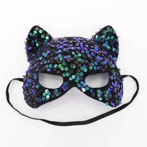 Detailed view of sparkle sequin cat mask, black elastic strap for party eye mask.